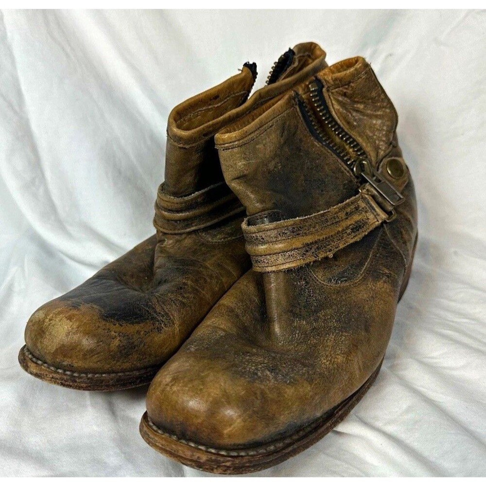 Bed Stu Leather Ankle Boots Womens 8 Brown Distressed Zip Harness Mexico Worn
